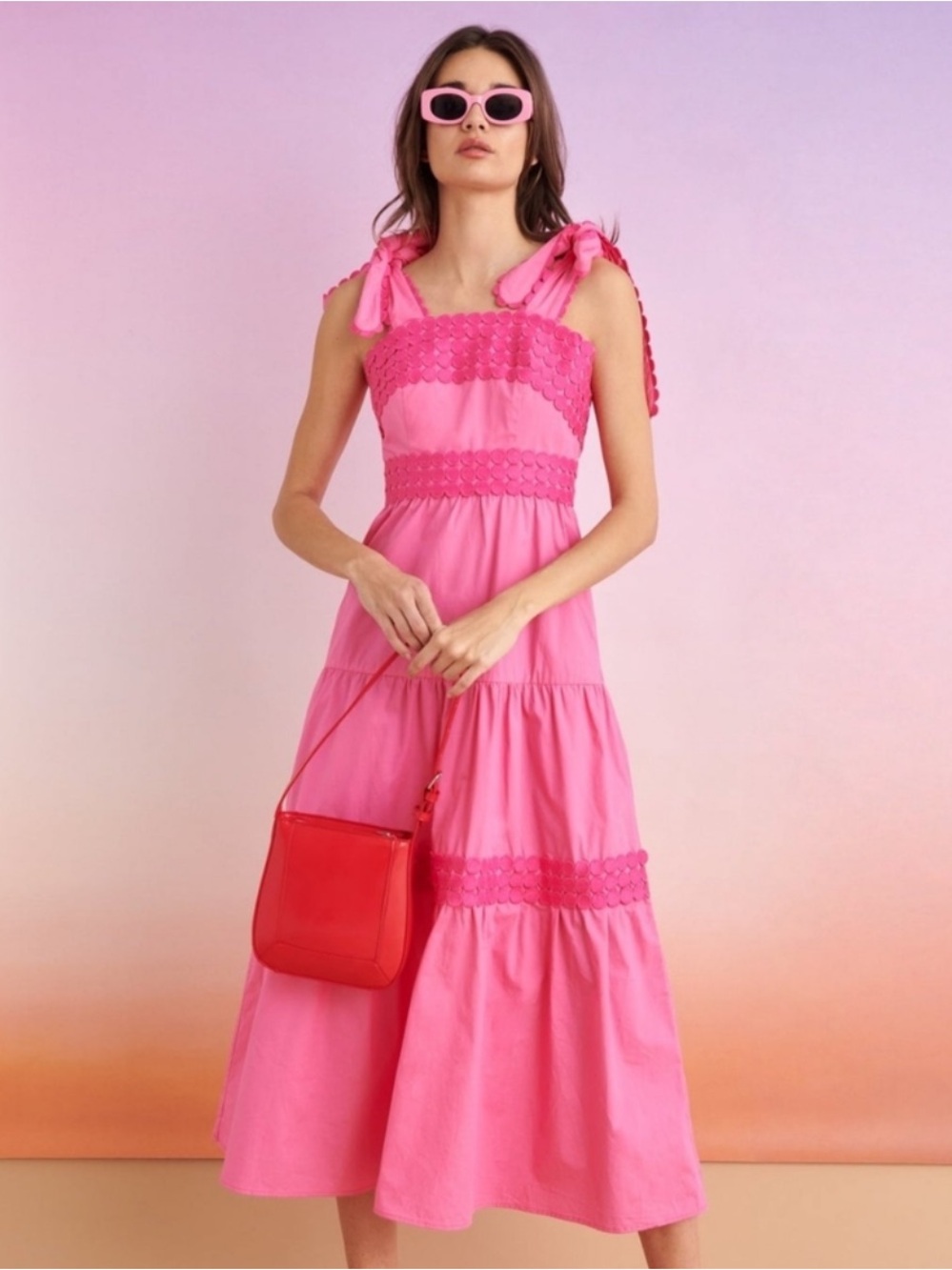 CeliaB Martinique Dress Tiered Midi Cotton Pink Size XS